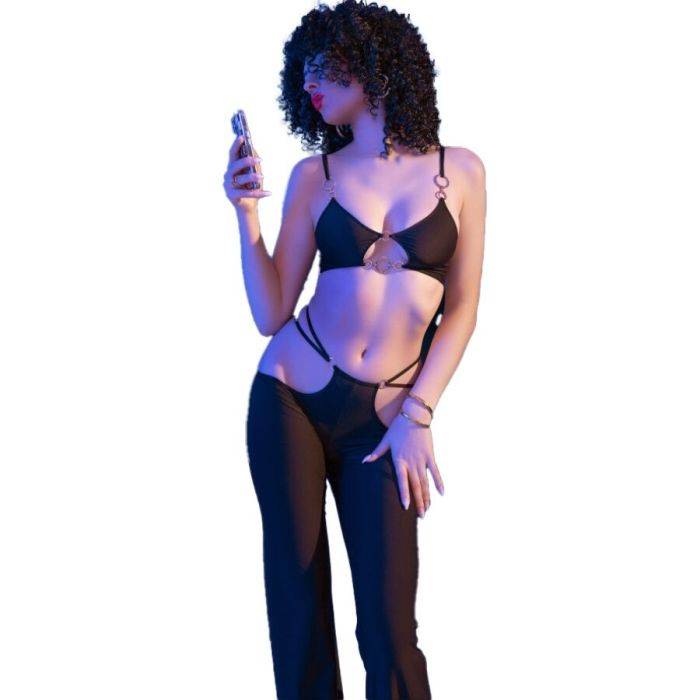 CHILIROSE - CR 4851 CONJUNTO DE TOP E LEGGING PRETO COM ACESSÃRIOS DOURADOS S