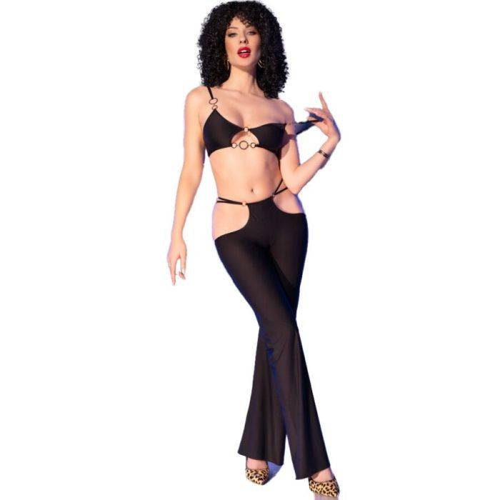 CHILIROSE - CR 4851 CONJUNTO DE TOP E LEGGING PRETO COM ACESSÃRIOS DOURADOS L