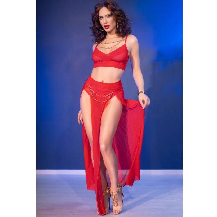 CHILIROSE - CR 4850 CONJUNTO DE TOP E LEGGING VERMELHO COM ACESSÃRIOS DOURADOS M