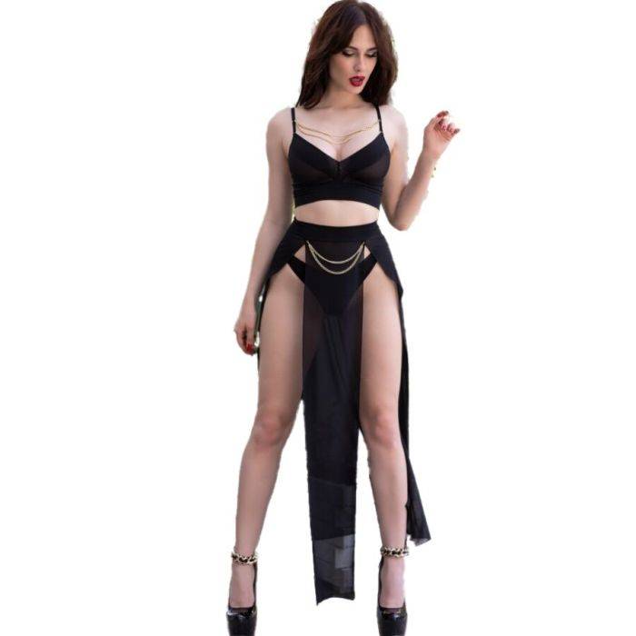 CHILIROSE - CR 4672 SAIA TOP PRETA E TANGA COM CORRENTES DOURADAS L