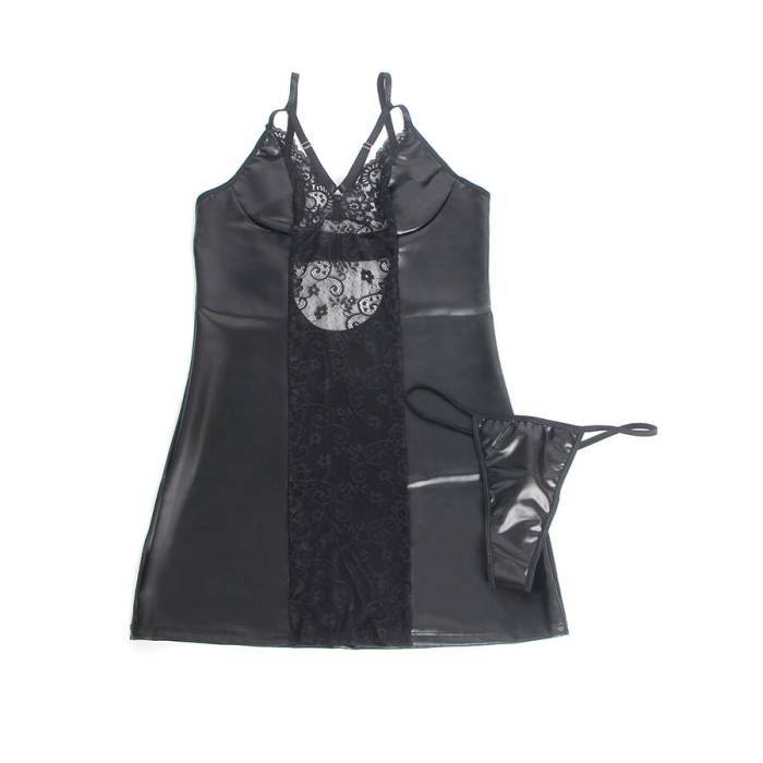 SUBBLIME - 957520 VESTIDO DE COURO COM RENDA FLORAL PRETO S/M