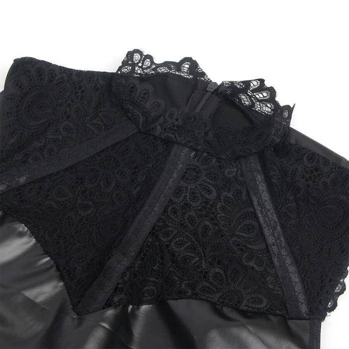 SUBBLIME - 957544 VESTIDO DE COURO COM GOLA DE RENDA PRETO S/M