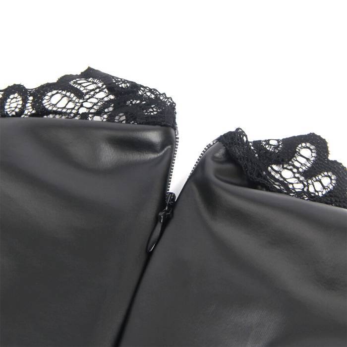 SUBBLIME - 957544 VESTIDO DE COURO COM GOLA DE RENDA PRETO S/M