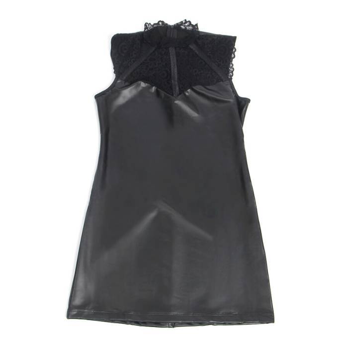 SUBBLIME - 957551 VESTIDO DE COURO COM GOLA DE RENDA PRETO L/XL
