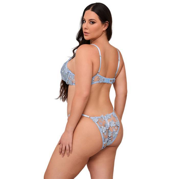 SUBBLIME - 957636 CONJUNTO DE SUTIÃ E CALCINHA BORDADOS COM FLORES AZUL CELESTE L/XL