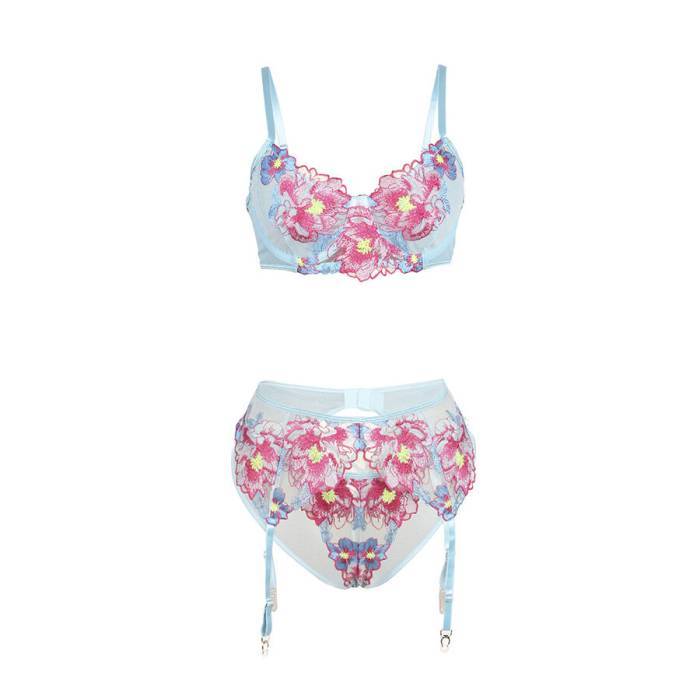 SUBBLIME - 957650 CONJUNTO DE SUTIÃ E CINTO-LIGA COM BORDADO DE FLORES ROSA L/XL