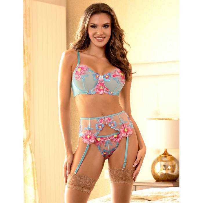 SUBBLIME - 957650 CONJUNTO DE SUTIÃ E CINTO-LIGA COM BORDADO DE FLORES ROSA L/XL