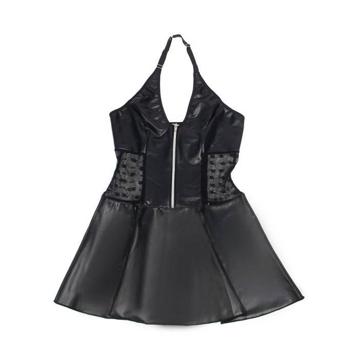SUBBLIME - 957704 VESTIDO DE COURO COM ZÃPER DE RENDA PRETO S/M