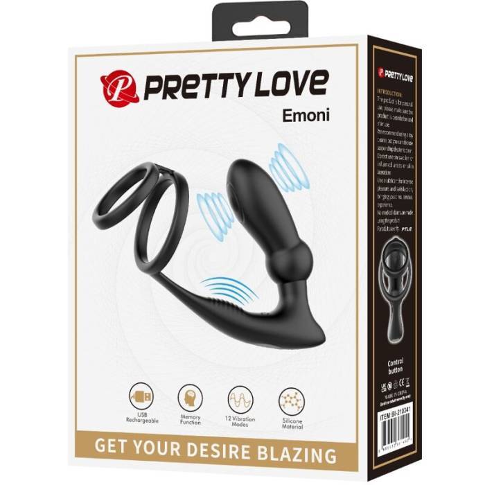 PRETTY LOVE - ANEL PENIS EMONI + PLUG ANAL 12 VIBRAÃÃES PRETO