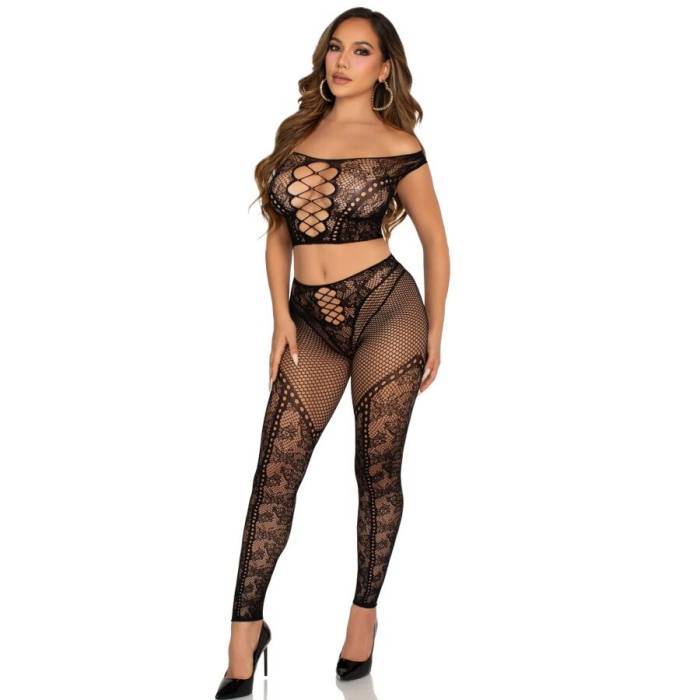 LEG AVENUE - TOP CROP E LEGGING DE REDE COM OMBROS Ã FRENTE PRETO