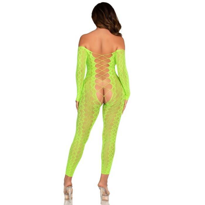 LEG AVENUE - BODYSTOCKING SEM BASE EXÃTICO RENDA DE COBRA VERDE NEON