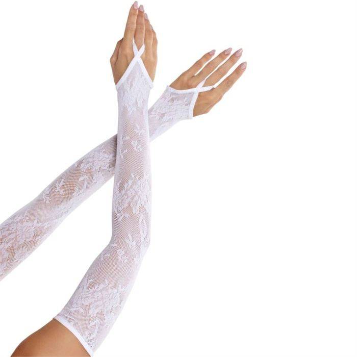 LEG AVENUE - LUVAS EXTRA LONGAS COM RENDA FLORAL E AQUECEDOR DE BRAÃOS BRANCAS