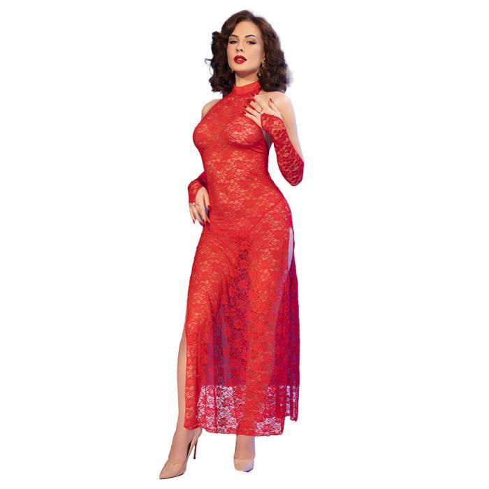 CHILIROSE - CR 4853 VESTIDO DE RENDA VERMELHO COM LUVAS P/M
