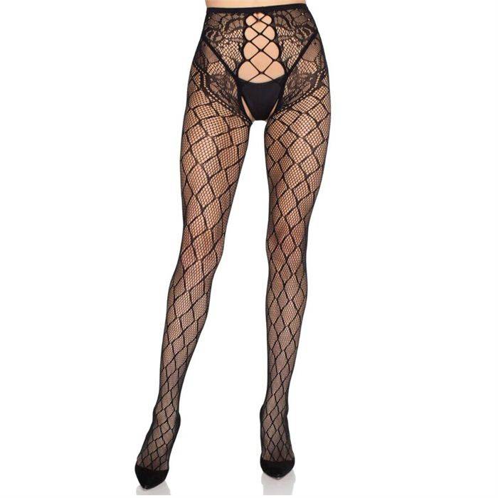 LEG AVENUE - MEIA-CALÃA DE REDE 1966 COM CALCINHA SEM FUNDO PRETA - TAMANHO ÃNICO