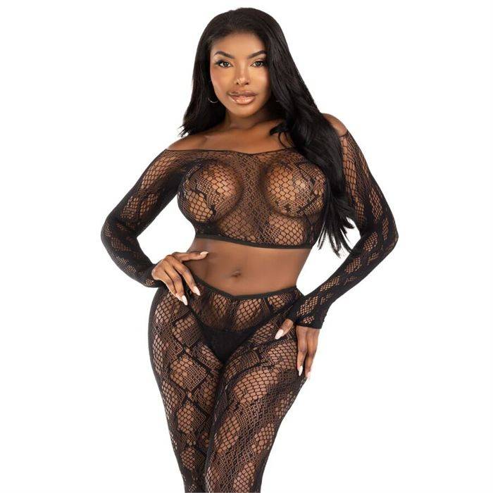 LEG AVENUE - 89373 TOP CROPPED COM ESTAMPA DE PYTHON E MEIA-CALÃA SEM PÃ PRETA - TAMANHO ÃNICO