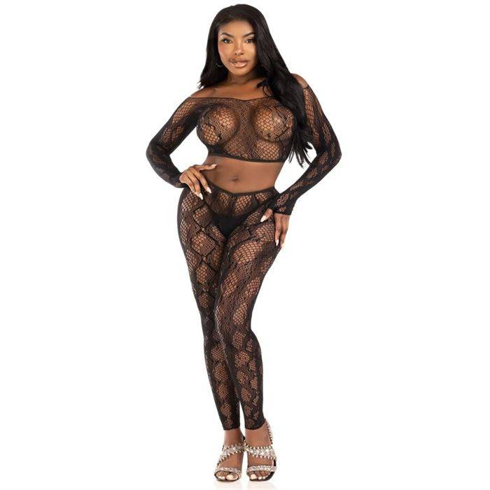 LEG AVENUE - 89373 TOP CROPPED COM ESTAMPA DE PYTHON E MEIA-CALÃA SEM PÃ PRETA - TAMANHO ÃNICO