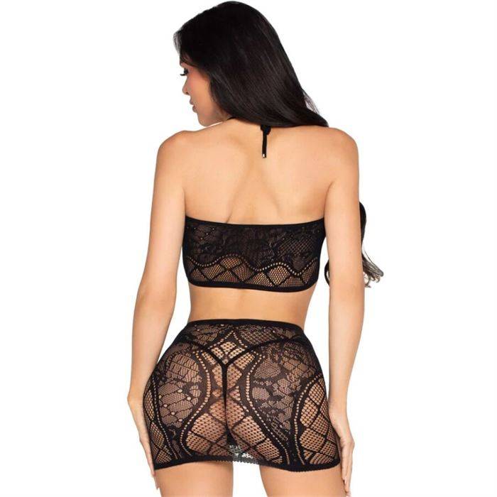 LEG AVENUE - 81676 CONJUNTO DE TOP DE RENDA + MINI SAIA PRETO - TAMANHO ÃNICO