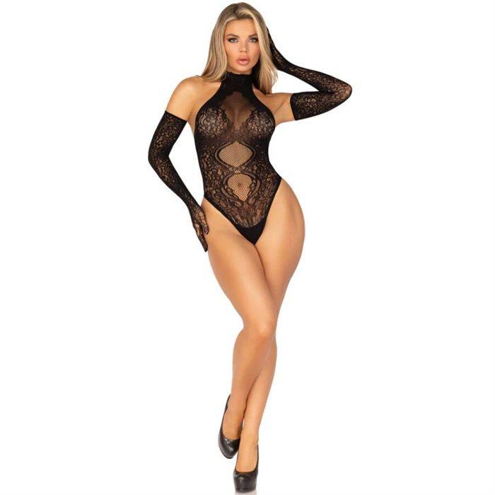 LEG AVENUE - 89363 CONJUNTO DE BODY COM COSTAS ABERTAS + LUVAS EXTRA LONGAS - TAMANHO ÃNICO