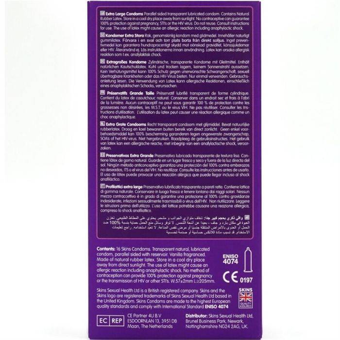 SKINS - PRESERVATIVOS EXTRA GRANDE PREMIUM PACOTE COM 16